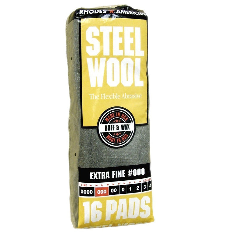 Rhodes American Steel Wool package with yellow and black label, labeled