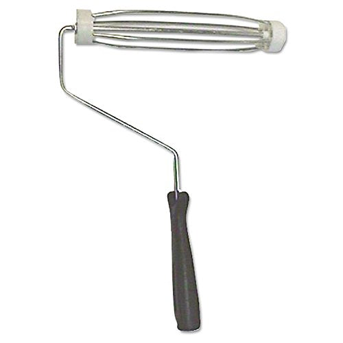 Linzer 9-inch paint roller frame with metal cage and black plastic handle, isolated on white background