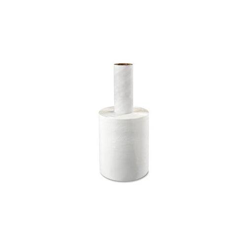 Roll of bundle wrap with a 3-inch width and long white stretch film, shown vertically with visible core