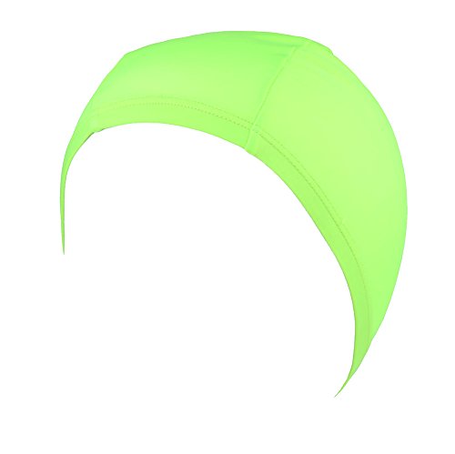 Neon lime green lycra swim cap floating on a white background