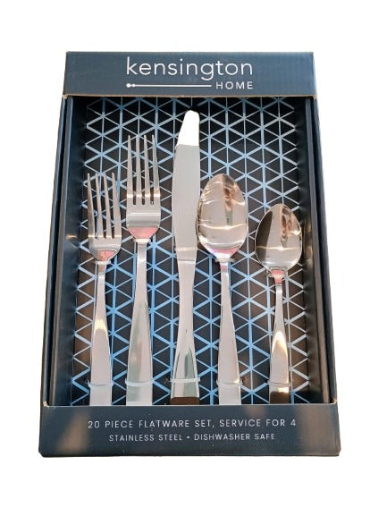 Front view of Kensington Home 20-piece flatware set in packaging with geometric background