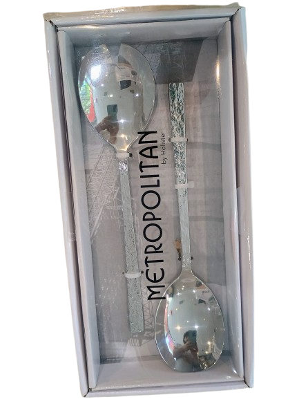 Front view of Metropolitan Salad Serving Set featuring two large serving spoons in a sleek silver finish, packaged in a clear-lid gift box.