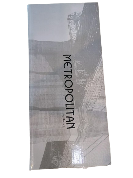 Back view of Metropolitan Salad Serving Set box showing a grayscale architectural design and the Metropolitan branding.