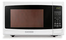 Black+Decker white countertop microwave with digital display and keypad controls