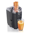 Hamilton Beach HealthSmart juicer in black with a glass of carrot juice beside it