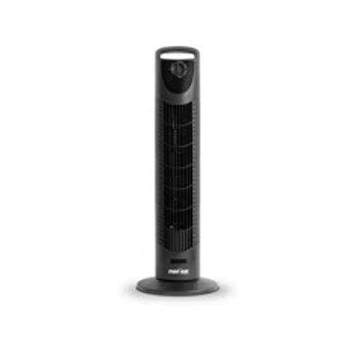 Angled view of Fanfair black tower fan with circular base
