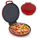 Red Fanfare pizza maker with pizza inside and closed lid shown above
