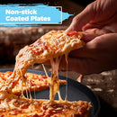 Close-up of cheese pizza slice being lifted from the non-stick plate