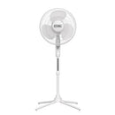 Front view of EZ-Chill 16-inch white oscillating pedestal fan with adjustable height.