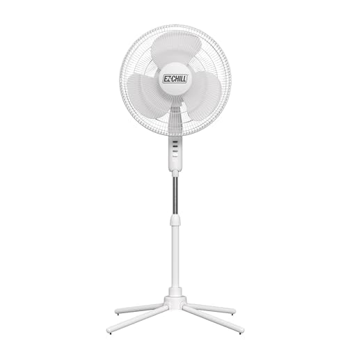 Front view of EZ-Chill 16-inch white oscillating pedestal fan with adjustable height.