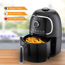 Open air fryer with fries and product feature icons