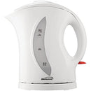 Side view of Brentwood white electric kettle showing water level markings