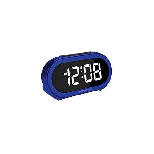 Blue oval LED digital alarm clock displaying 12:08.