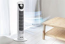 EZ-Chill tower fan oscillating beside a light wooden table with air motion effect