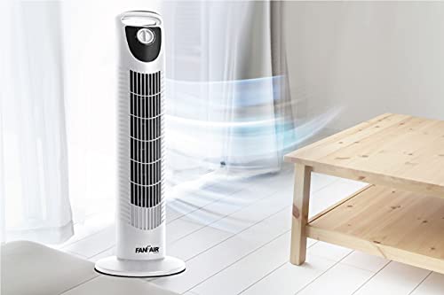 EZ-Chill tower fan oscillating beside a light wooden table with air motion effect