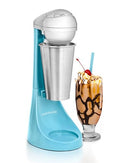 A retro-style blue milkshake maker with a stainless steel cup beside a tall glass of chocolate milkshake topped with whipped cream and a cherry.