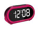 Front view of pink alarm clock on a slight angle