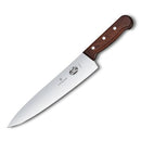 Victorinox Swiss Army 10-inch chef’s knife with satin-finish stainless steel blade and brown triple-riveted wood handle, displayed on a white background.
