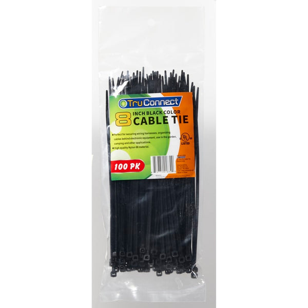 Package of TruConnect black 8-inch plastic cable ties, 100 count, in retail packaging.