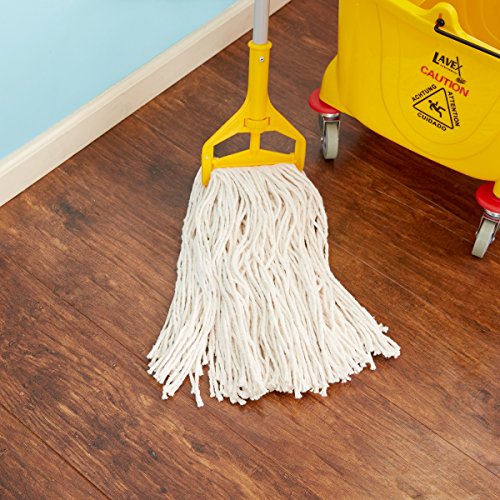 White cotton #24 mop head attached to a yellow mop handle on a hardwood floor, next to a yellow mop bucket.