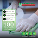 Pair of hands cleaning with Shamrock gloves, box stating natural latex, powder-free, 5 mil thick, 100 count