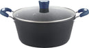 Millvado Rainbow 7-quart nonstick pot with glass lid, featuring blue handles and knob.