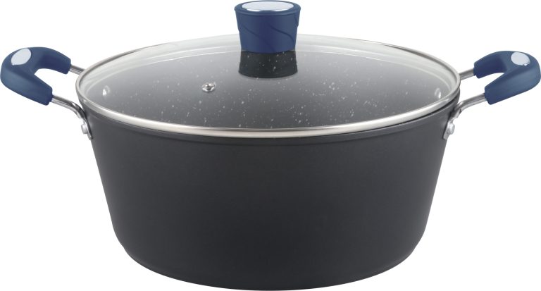 Millvado Rainbow 7-quart nonstick pot with glass lid, featuring blue handles and knob.