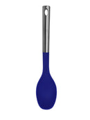 Blue nylon solid spoon with stainless steel handle and hanging hole, 13.5 inches long.