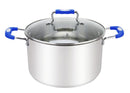 Millvado Urban 8.4-quart stainless steel stock pot with glass lid and blue silicone handles.