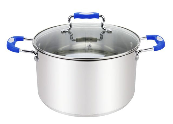 Millvado Urban 8.4-quart stainless steel stock pot with glass lid and blue silicone handles.