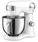 White Cuisinart 12-speed stand mixer with stainless steel mixing bowl attached