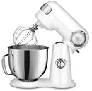 White Cuisinart stand mixer tilted back with whisk attachment and stainless steel bowl