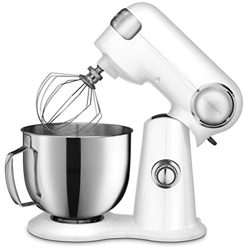 White Cuisinart stand mixer tilted back with whisk attachment and stainless steel bowl