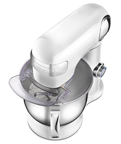 Top view of a white Cuisinart stand mixer showing the stainless steel bowl and splash guard.