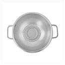 Top view of stainless steel colander with circular base