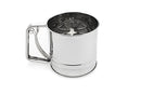 Stainless steel flour sifter with handle on white background