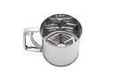 Angled top view of stainless steel flour sifter on white background