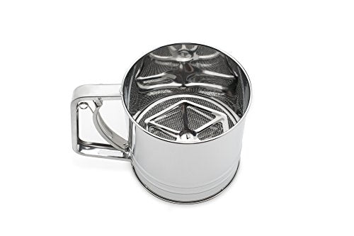 Angled top view of stainless steel flour sifter on white background