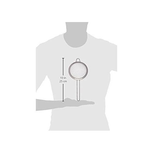 Size comparison of mesh strainer held in hand with dimensions shown
