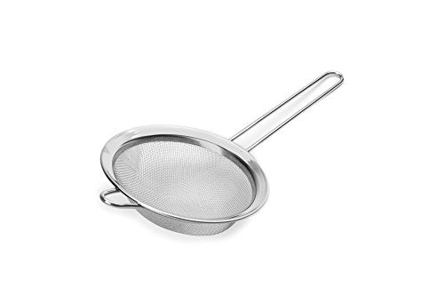 Perspective view of stainless steel mesh strainer with handle and mesh bowl