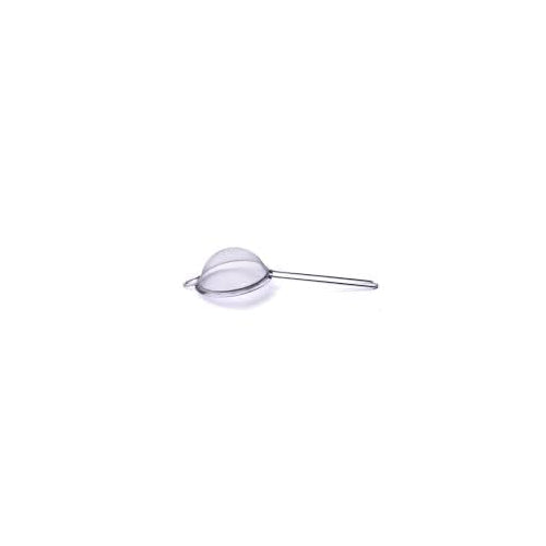 Side view of stainless steel mesh strainer with fine mesh and handle
