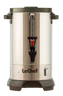 Front view of LeChef 40-cup stainless steel hot water urn with child safety lock