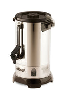 Angled side view of LeChef 40-cup stainless steel urn with safety features