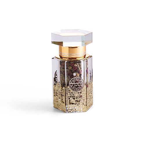 Crystal besamim holder with gold plaque and decorative detailing