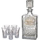 Crystal wine decanter with gold Hebrew plaque and six matching glasses