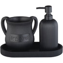 Black three-piece Judaica set including wash cup with Hebrew text, matching soap dispenser, and coordinating tray