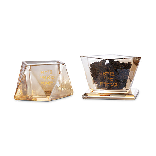 Crystal Havdalah set including besamim holder and candle holder side by side