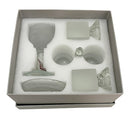 Crystal Shabbat set displayed in white gift box with protective foam