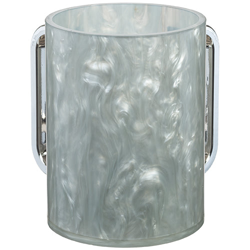 Gray wash cup with dual handles and marbled design