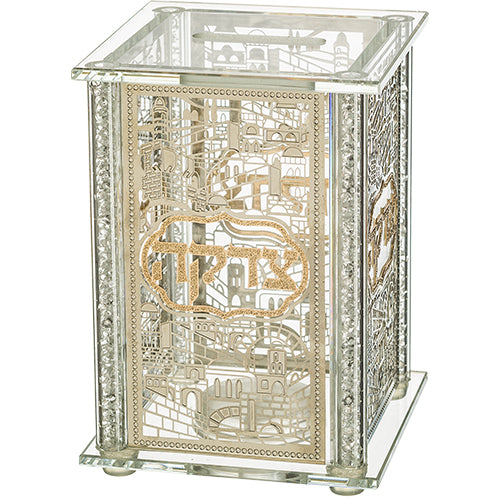 Crystal tzedaka box with gold plaque and intricate detailing